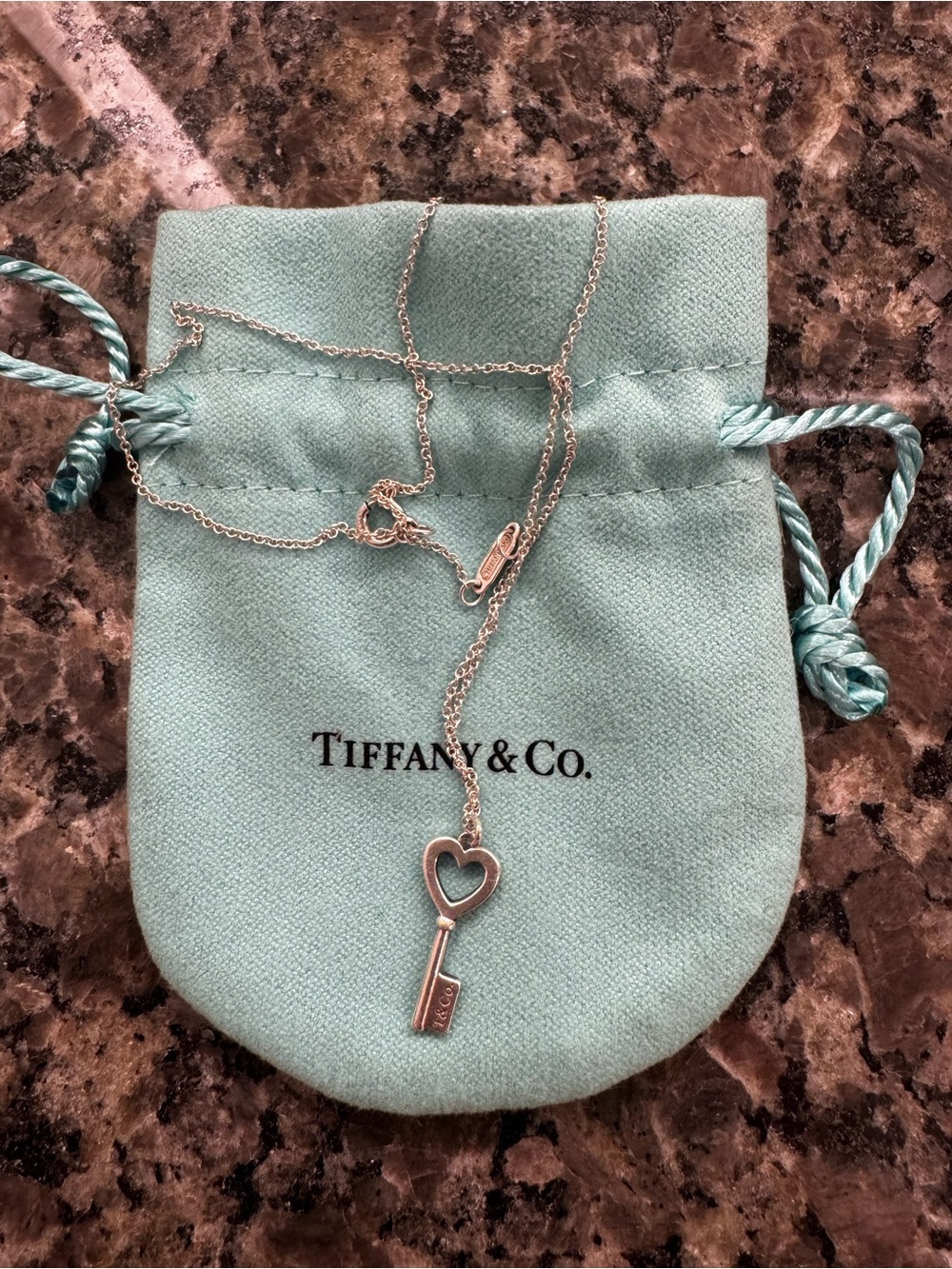 Tiffany & Co. Silver Heart Key Necklace with Blue Pouch